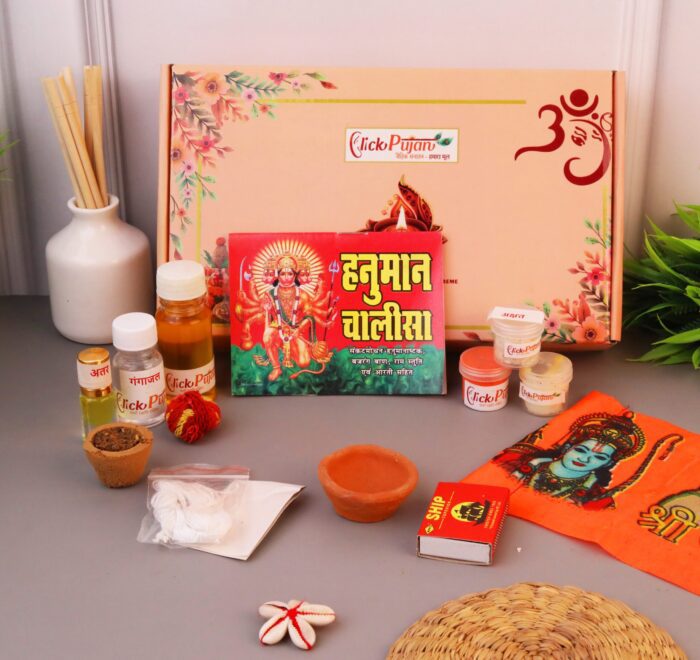 Click Pujan Mangal Hanuman Puja Kit - Dhoop, Chandan, Gangajal, Moli | Divine Samagri Box - Image 1