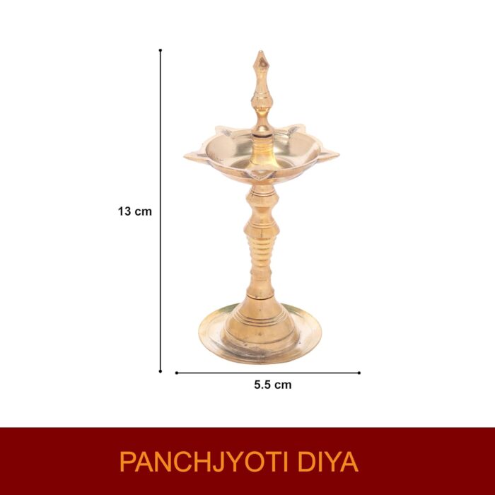 Click Pujan Deepak - O No. Metal 5 Mukhi Diya Stand with 5 Wicks for Pooja, Diwali, Navratri - Golden - Image 4
