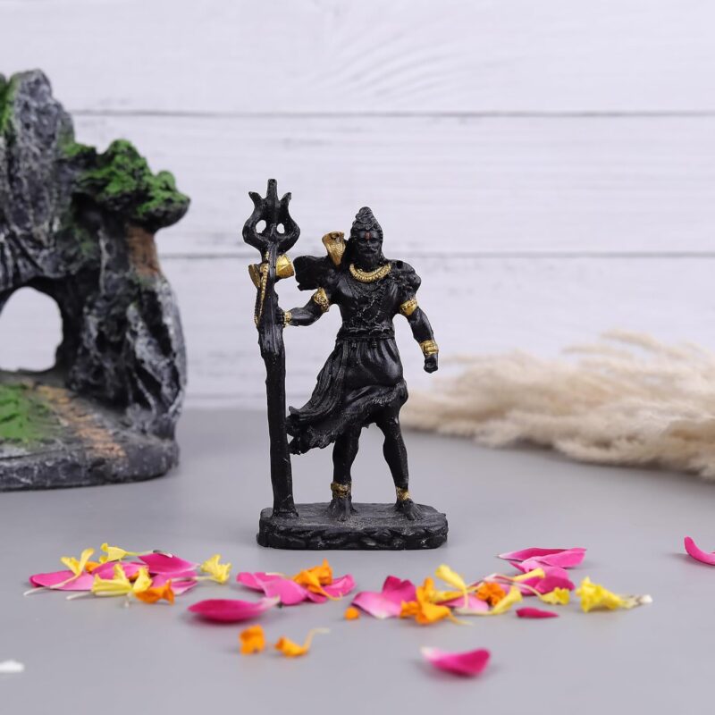 Black Aghori Shiva idol standing with Trishul, ideal for Diwali, housewarming, or Shivratri home decor.
