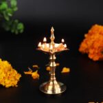 Click Pujan Deepak - O No. Metal 5 Mukhi Diya Stand with 5 Wicks for Pooja, Diwali, Navratri - Golden - Image 5
