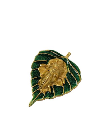 Click Pujan Golden Ganesh Paan Wall Hanging - Lord Ganesha Face on Green Leaf for Home Decor
