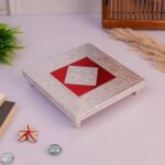Click Pujan Wooden Silver Chowki - Medium | Handcrafted for Puja | Home Mandir/Idols Sitting/Pratima Murti | Non-Slip Base, Strong & Long-Lasting | Bajot/Chowki/Peeta/Patla for Religious Purpose