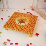 Click Pujan Wooden Golden Chowki - Medium | Handcrafted for Puja | Home Mandir/Idols Sitting/Pratima Murti | Non-Slip Base, Strong & Long-Lasting | Bajot/Chowki/Peeta/Patla for Religious Purpose