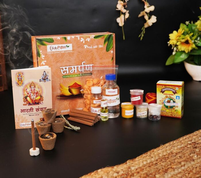 Click Pujan Samarpan - Monthly Puja Kit with Dhoop, Chandan, Gangajal & More | Divine Samagri Box - Image 1