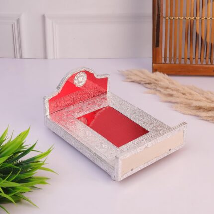 Click Pujan Wooden Silver Palang for Krishna β Medium, Traditional Laddu Gopal Palang with Intricate Carvings