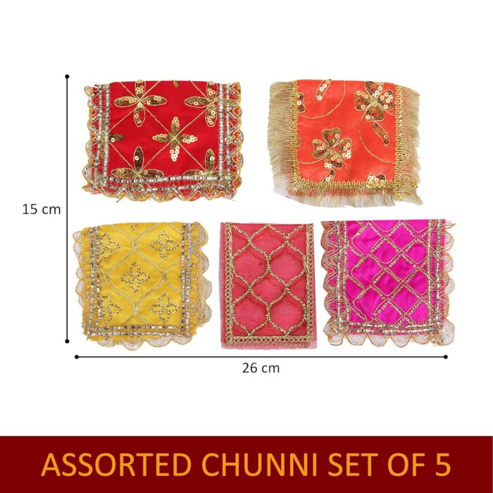 Click Pujan Chunni | Small | Assorted (Set of 5) Sacred Pooja Chunri for Mandir, Mata Ki Chunri, Devi Maa Chunri with Heavy Embroidery & Golden Borders | Auspicious Chunari for Durga, Lakshmi, Saraswati - Image 3