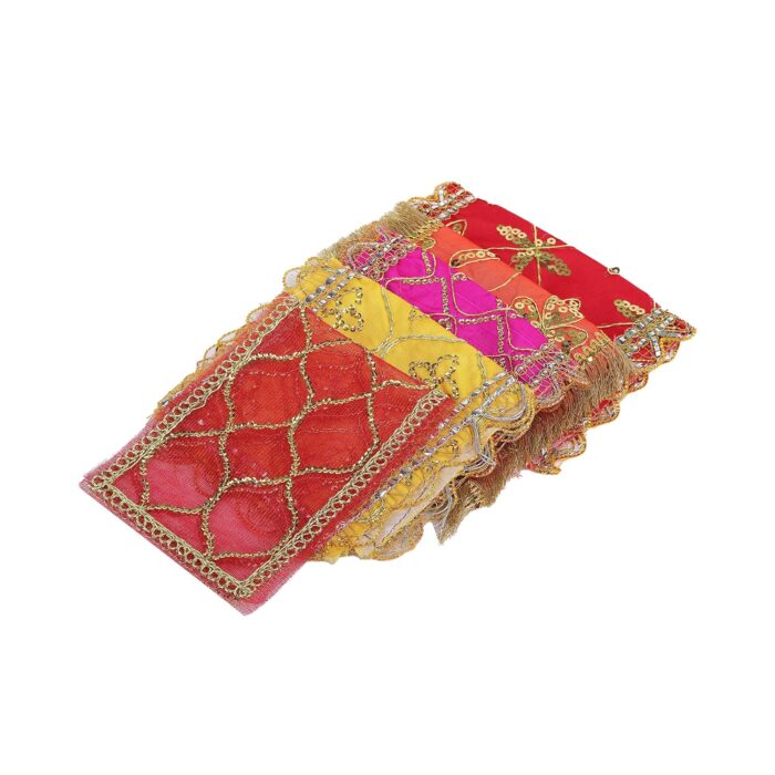 Click Pujan Chunni | Small | Assorted (Set of 5) Sacred Pooja Chunri for Mandir, Mata Ki Chunri, Devi Maa Chunri with Heavy Embroidery & Golden Borders | Auspicious Chunari for Durga, Lakshmi, Saraswati - Image 1