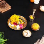 Click Pujan Pooja Thali Set - Metal 5-1x Plate + 1x Spoon + 1x Glass + 2X Bowl | Brass Thali for Prasad & Rituals | Puja Ki Thali | for Aarti, Hawan, Lakshmi Poojan | Diwali/Navratri - Image 3