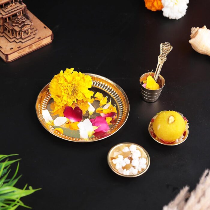 Click Pujan Pooja Thali Set - Metal 5-1x Plate + 1x Spoon + 1x Glass + 2X Bowl | Thali for Prasad & Rituals | Puja Ki Thali | for Aarti, Hawan, Lakshmi Poojan | Diwali/Navratri - Image 3