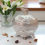 Click Pujan Elephant Motif Dry Fruit Bowl - Silver Finish - Decorative Serving Container with Lid & Spoon | Elegant Bowl for Dry Fruits, Snacks & Festive Gifting | Traditional Tableware for Weddings & Home Décor