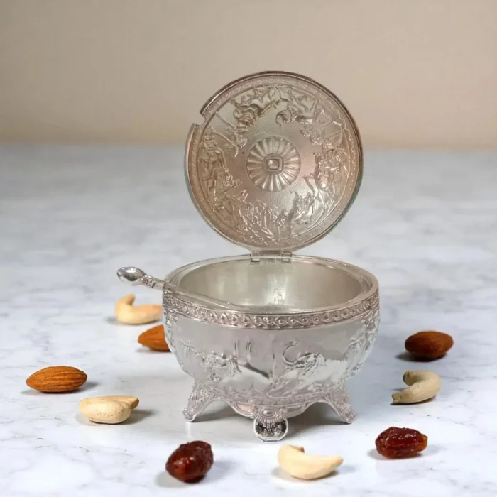 Click Pujan Elephant Motif Dry Fruit Bowl - Silver Finish - Decorative Serving Container with Lid & Spoon | Elegant Bowl for Dry Fruits, Snacks & Festive Gifting | Traditional Tableware for Weddings & Home Décor - Image 4