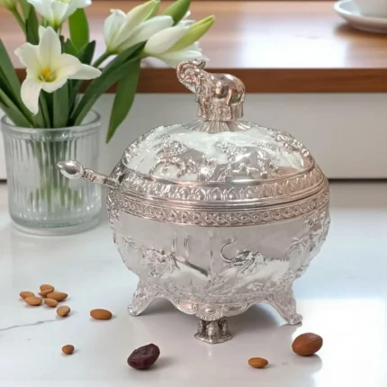 Click Pujan Elephant Motif Dry Fruit Bowl - Silver Finish - Decorative Serving Container with Lid & Spoon | Elegant Bowl for Dry Fruits, Snacks & Festive Gifting | Traditional Tableware for Weddings & Home Dรฉcor