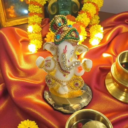 Click Pujan Ganesh Ji Idol with Aasan - Poly Resin - Auspicious Pooja Murti | Lord Ganesha Statue for Home Temple, Office & Mandir | Decorative Idol for Diwali, Ganesh Chaturthi & Daily Worship